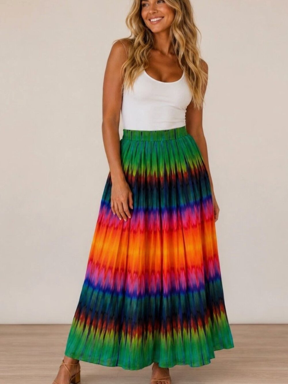 Vince Camuto Maxi Skirt, Vivid Rainbow Colors, Semi Sheer, Double Lined Flowey 6